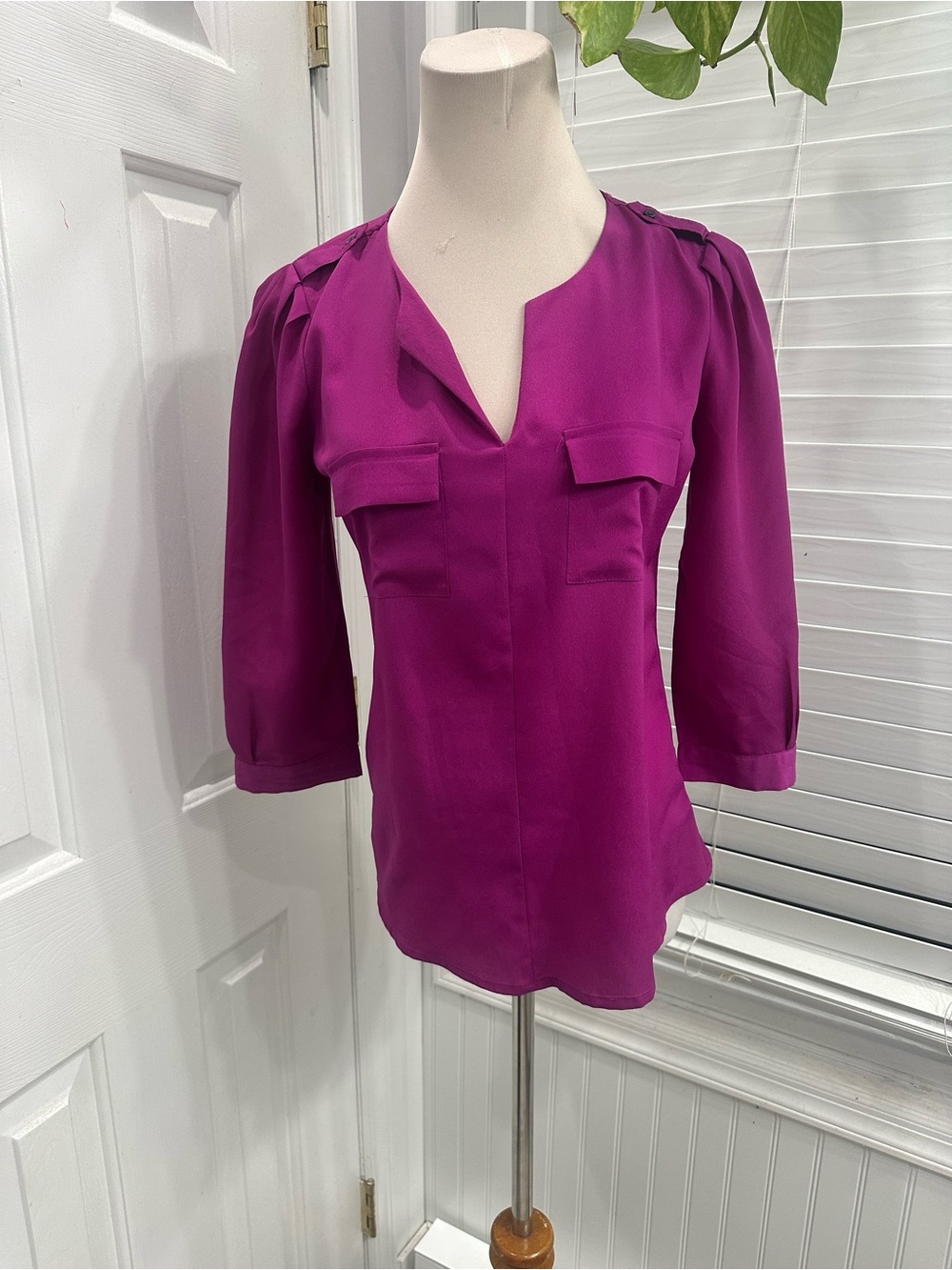 Banana Republic Split-Neck Blouse in Magenta